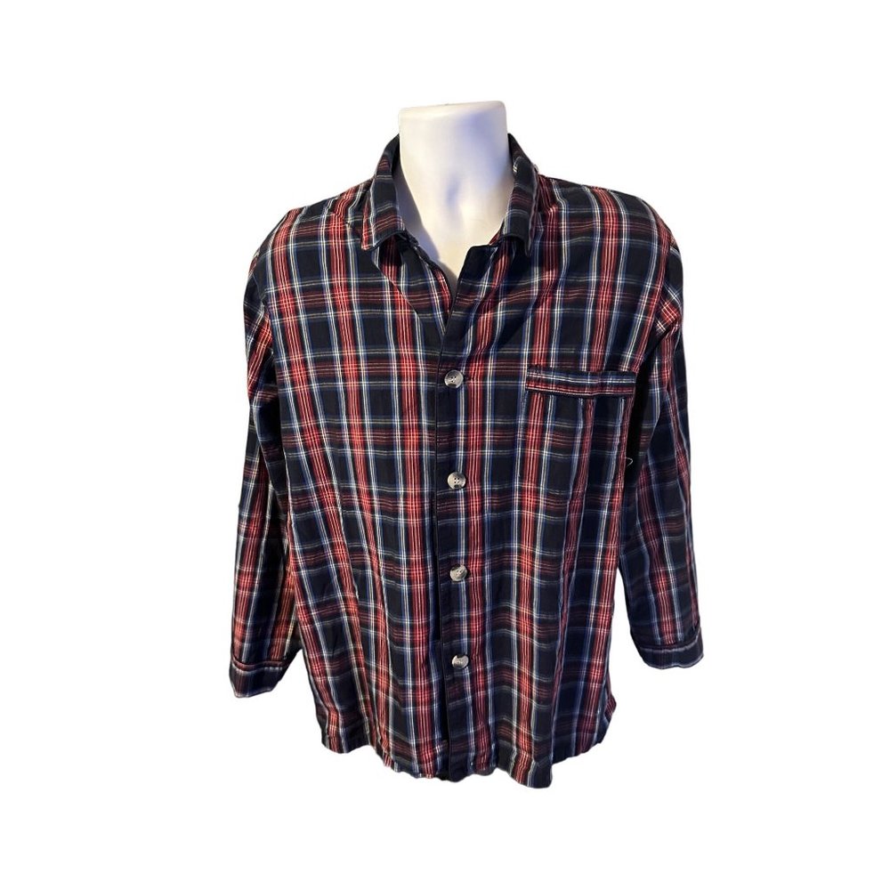 Majestic International red white blue plaid long sleeve button up shirt size M f